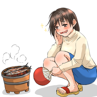 食欲の秋！七輪でサンマを焼く女の子 秋,女の子,七輪,焼き魚,さんま,食べ物,手描き,しゃがみポーズ,湯気,季節イラストのイラスト素材