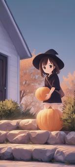 石段の上に立つ魔女の女の子とパンプキン