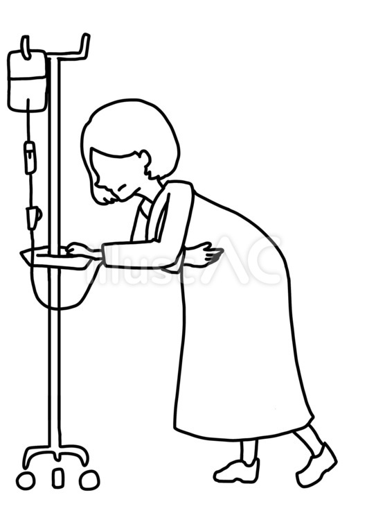 点滴とお腹を抑えてる和式病衣女性　線画 点滴,女性,苦痛のイラスト素材