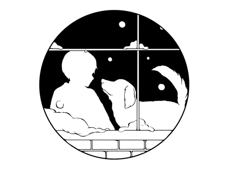 少年と犬（黒） 少年,犬,人間,動物,雪,冬,窓辺,ペア,絆,友達のイラスト素材