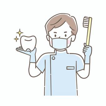 歯ブラシを持った歯科医師 歯科,歯科医師,歯ブラシ,歯,模型,治療,歯磨き,男性,マスク,医療のイラスト素材