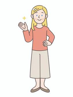 腰に手を当てて案内する白人女性_全身 人物,外国人,海外,通訳,英語,英会話,アメリカ人,会話,ネイティブ,グローバルのイラスト素材