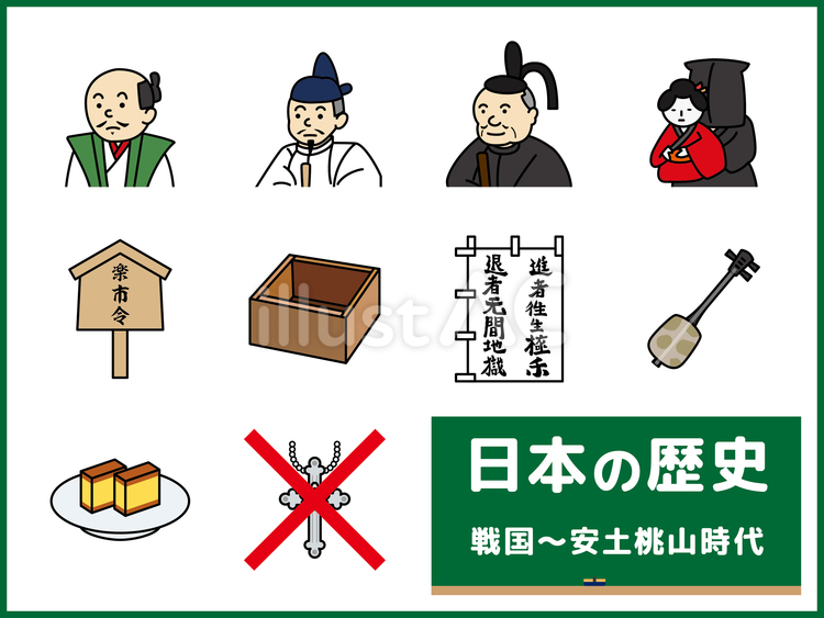 日本の歴史-8（安土桃山時代） 織田信長,豊臣秀吉,徳川家康のイラスト素材