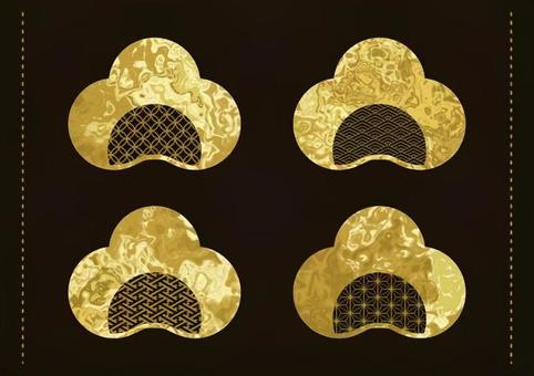 マーブル和柄の梅形金フレームセット フレーム,飾り枠,デザイン,エレメント,流体,リキッド,和柄,梅,雲形,金のイラスト素材