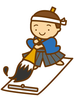 書き初め-4c 書き初め,習字,正月,着物,袴,筆,習字紙,文鎮,墨汁,はちまきのイラスト素材