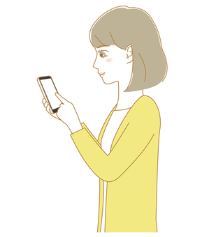 スマホ操作する女性　横顔 女性,人物,スマホ,操作,カーディガン,大人,主婦,お母さん,ママ,若いのイラスト素材