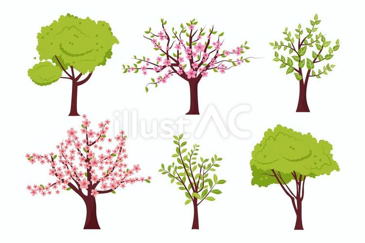 桜や黄緑色の葉の樹木のイラストセット 木,春,植物のイラスト素材