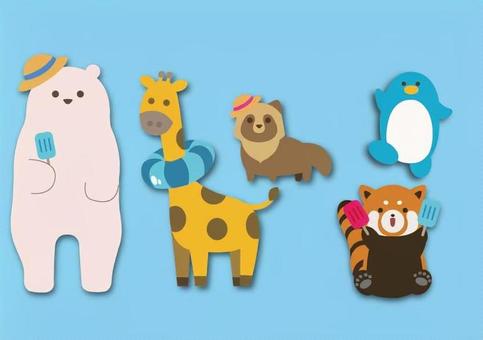 動物 白くま,キリン,タヌキ,ペンギン,レッサーパンダ,アイス,浮き輪,帽子,麦わら帽子のイラスト素材