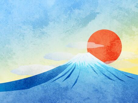 富士山03 富士山,山岳,自然,日の出,太陽,空,雲,水彩,山,イラストのイラスト素材