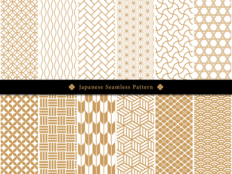 金色の和柄パターンセット 和柄,模様,パターン,七宝,麻の葉,青海波,花菱,亀甲,籠目,網代のイラスト素材