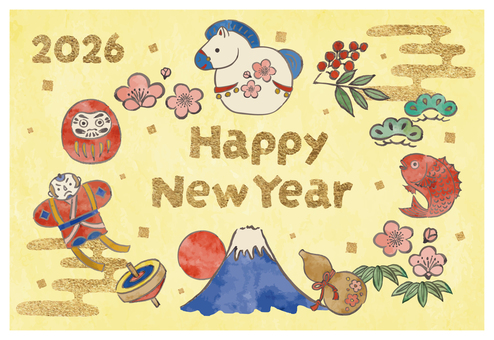 手書き風の年賀状テンプレート 2026,午年,お正月,午,干支,馬,松,竹,梅,奴凧のイラスト素材