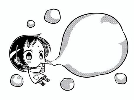 シャボン玉1(白黒) シャボン玉,子ども,幼児,女の子,モノクロ,遊び,枠のイラスト素材