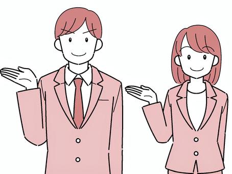 案内をする男女　シンプル　赤 案内,男性,女性,スーツ,ビジネス,会社,受付,会社員,ネクタイ,笑顔のイラスト素材