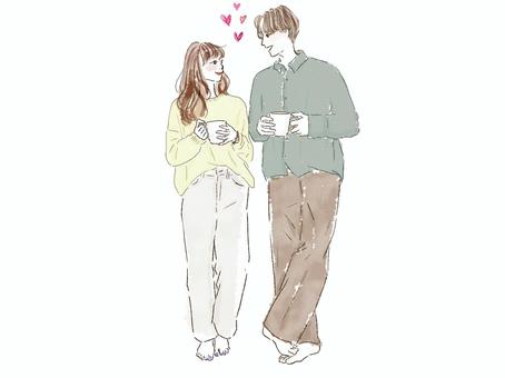 マグカップを持つカップルの全身 カップル,デート,女性,男性,ハート,恋人,夫婦,笑顔,見つめあう,コーヒーのイラスト素材