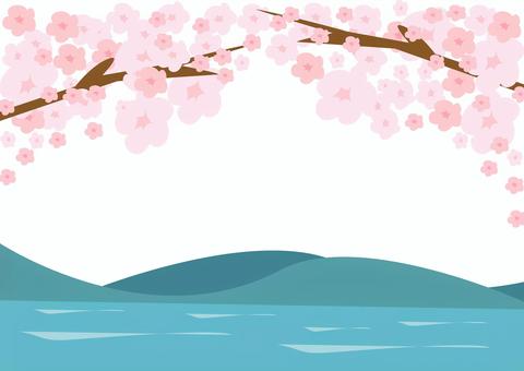 桜と湖　水彩タッチ背景素材　フレーム 桜,春,フレーム,さくら,ソメイヨシノ,花びら,花,満開,メッセージ,サクラのイラスト素材