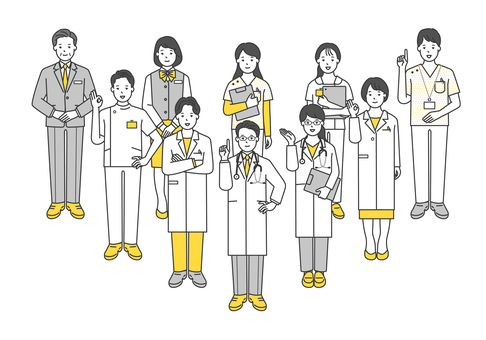 医療従事者のシンプルイラスト素材セット 医師,医者,ドクター,女医,医療従事者,先生,看護師,ナース,白衣,聴診器のイラスト素材