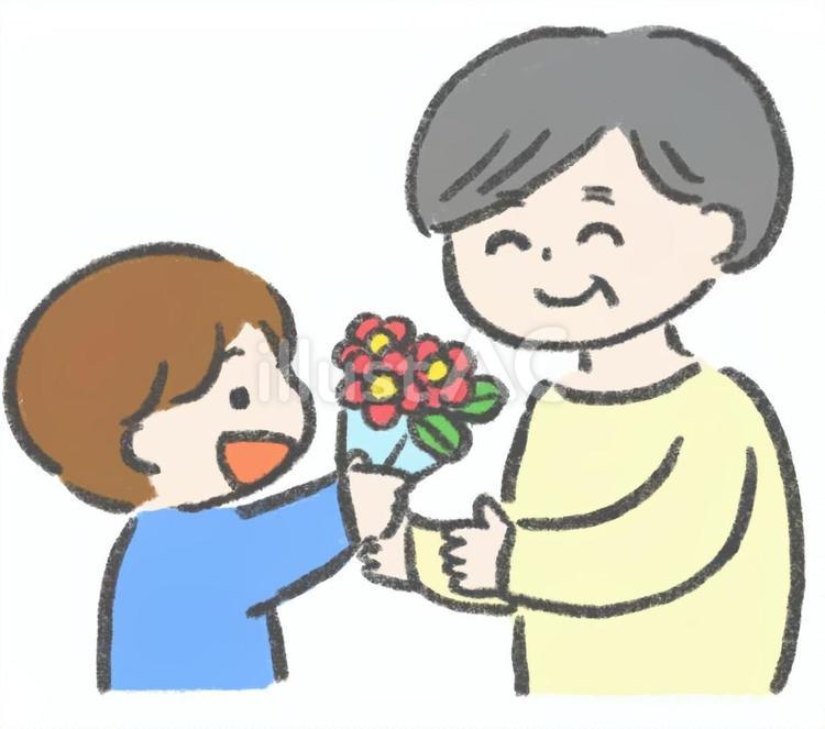 おばぁちゃんに花束を渡す男の子 敬老の日,祖父母,家族のイラスト素材
