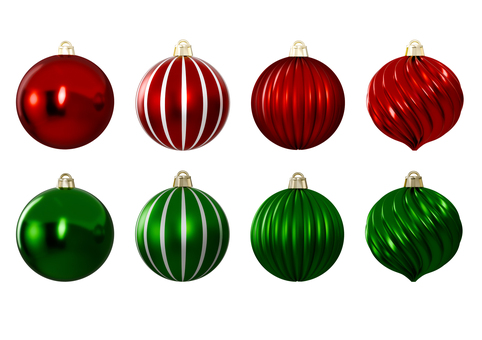 リアルな赤と緑のクリスマスボール オーナメント,クリスマス,ボール,飾り,デコレーション,赤,レッド,緑,グリーン,ゴールドのイラスト素材