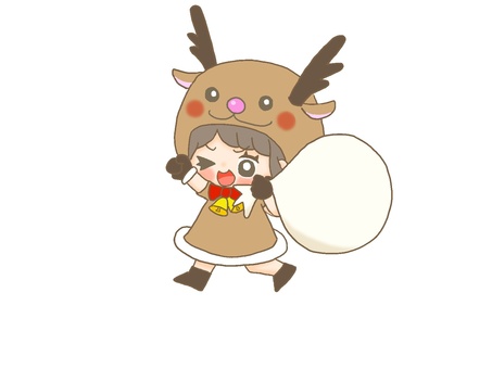 元気なトナカイ３ 手描き,女の子,茶髪,着ぐるみ,仮装,コスプレ,トナカイ,クリスマス,袋,ワンピースのイラスト素材