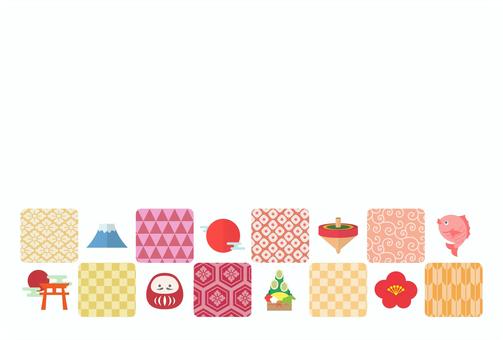かわいい和柄と縁起物 お正月の年賀状背景 お正月,正月,年賀状,和柄,パターン,謹賀新年,富士山,だるま,ダルマ,門松のイラスト素材