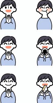 食べ物を食べている男性のイラストセット 人物,ベクター,上半身,かわいい,イラスト,セット,男性,顔,シンプル,笑顔のイラスト素材