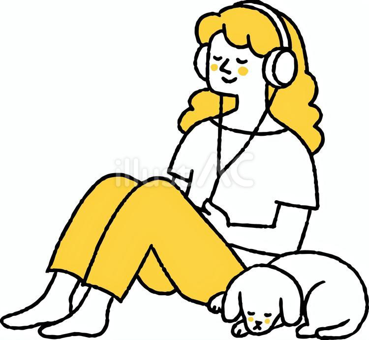 音楽を聴いている女性と眠る犬 音楽,聴く,ヘッドホンのイラスト素材