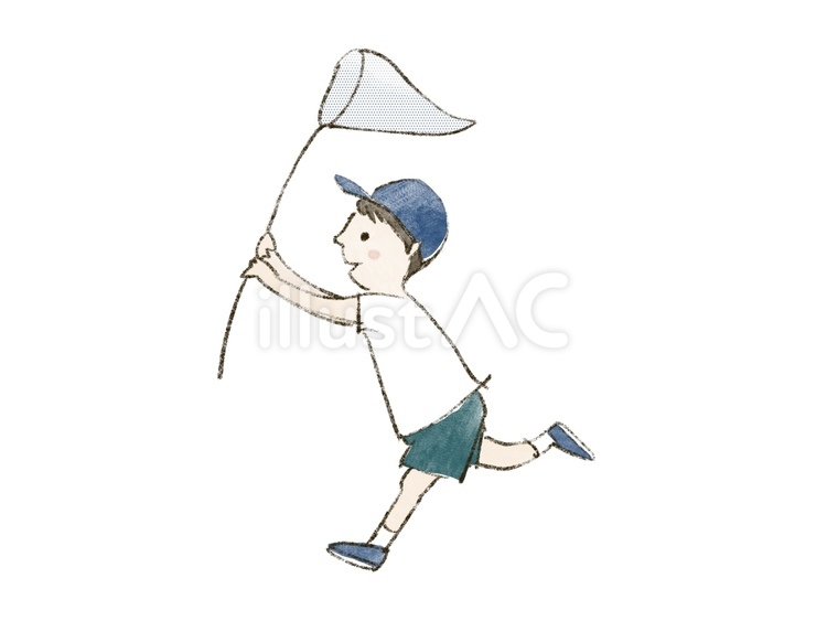 虫取り網を持って走る男の子 虫取り網,虫取り,夏のイラスト素材