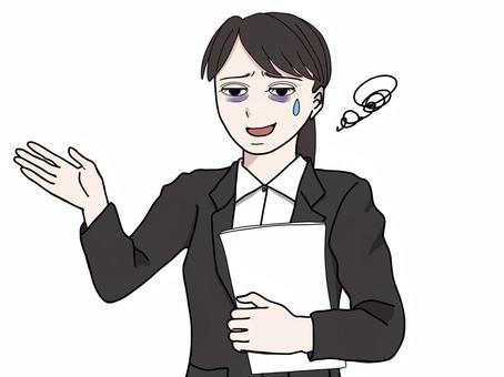 疲れ顔　手を挙げて説明するスーツ姿の女性 資料,スーツ,女性,ビジネスウーマン,仕事,疲れた,寝不足,マーケティング,プレゼン,困っているのイラスト素材