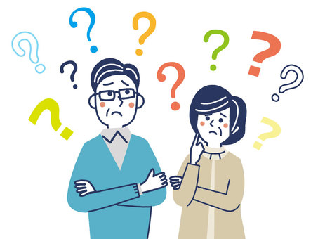 疑問だらけの年配夫婦 疑問,夫婦,カップル,クエッションマーク,質問,不安,腕組み,上半身,理解不能,かわいいのイラスト素材