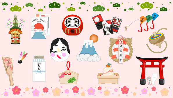 お正月素材 お正月,ふくわらい,鳥居,門松,だるまのイラスト素材