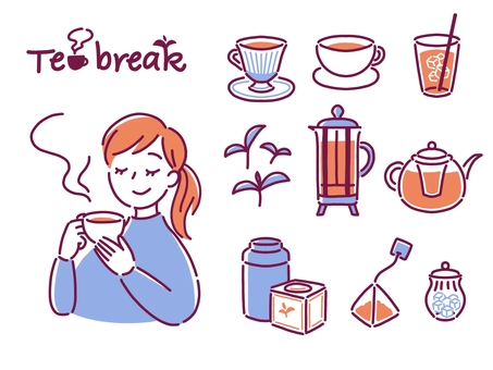 ティーブレイク 紅茶,ティーカップ,アイスティー,茶葉,フレンチプレス,ティーポット,缶,ティーバッグ,シュガーポット,女性のイラスト素材