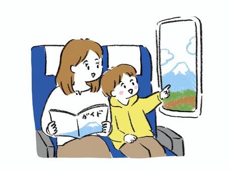 新幹線で旅行を楽しむ母と息子の親子 旅行,新幹線,旅,乗り物,鉄道,家族,家族旅行,親子,ママ,お母さんのイラスト素材