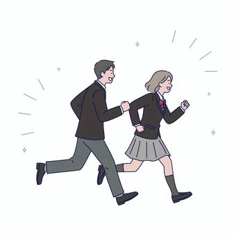 元気に走る横顔の制服姿の男女学生イラスト 学生,高校生,中学生,男女,横顔,笑顔,走る,元気,活発,躍動感のイラスト素材
