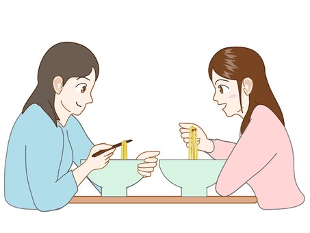 ラーメンを食べる女性二人 女性,二人,ラーメン,食事,外食のイラスト素材