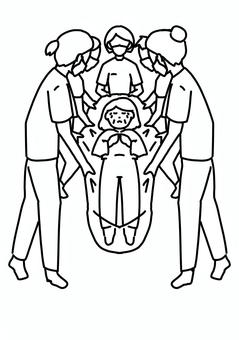 大きな布でお婆さん複数人で運ぶ　線画 おばあさん,運搬,病院,看護師,患者,高齢者,女性,避難,移動,線画のイラスト素材