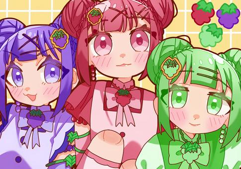 ブドウ三姉妹 女の子,3人,ナガノパープル,シャインマスカット,ぶどう,クイーンルージュ,擬人化,団子ヘア,リボン,ヘアピンのイラスト素材