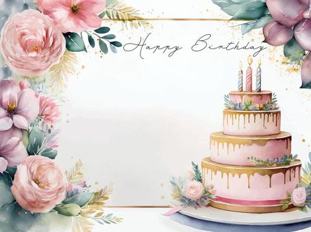 お花とケーキの水彩画風バースデーカード お花とケーキの水彩画風バースデーカード 誕生日,バースデー,水彩画のイラスト素材