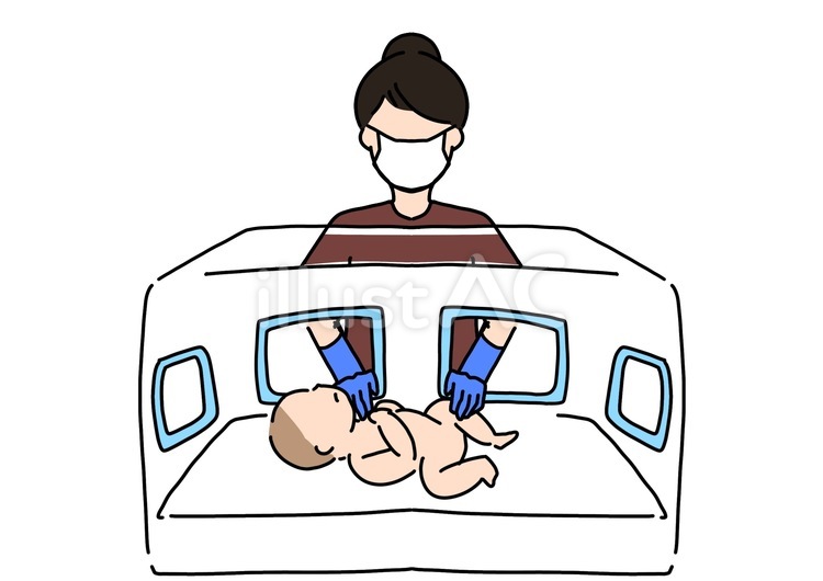 保育器の赤ちゃんと手を入れる女性　カラー 保育器,赤ちゃん,未熟児のイラスト素材