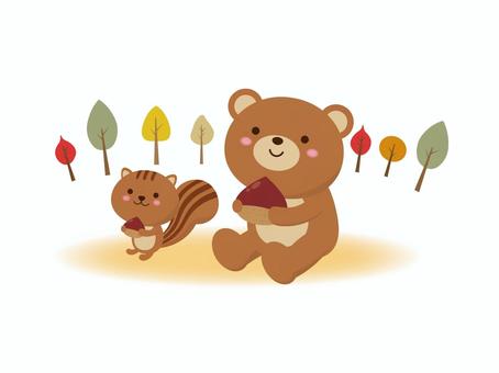 秋のイラスト4 秋,くま,りす,木,栗,食べ物,動物,キャラクター,かわいい,イラストのイラスト素材