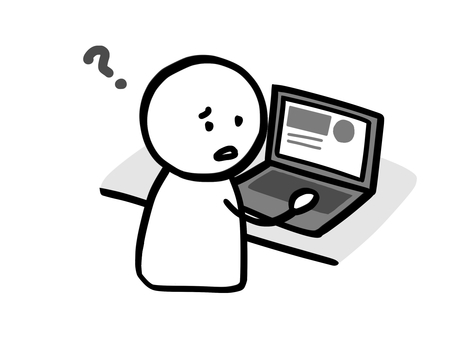 モノクロ棒人間　パソコン操作がわからない 棒人間,人,モノクロ,白黒,モノトーン,パソコン,pc,デスクワーク,仕事,事務のイラスト素材