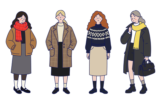 おしゃれな女子の冬の私服コーデセット01 女性,私服,冬,秋,ファッション,スカート,コート,マフラー,ジャケット,ニットのイラスト素材