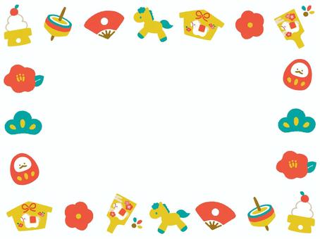 かわいい午年の年賀・お正月手描きフレーム 午,午年,年賀状,お正月,和柄,和風,フレーム,枠,背景,かわいいのイラスト素材