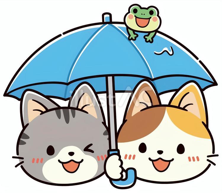 かわいい三毛猫とサバトラ猫の仲良し相合傘 梅雨,夏,6月のイラスト素材