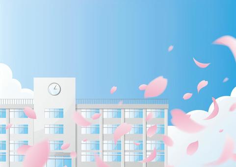 桜の花びらと学校の校舎の背景素材