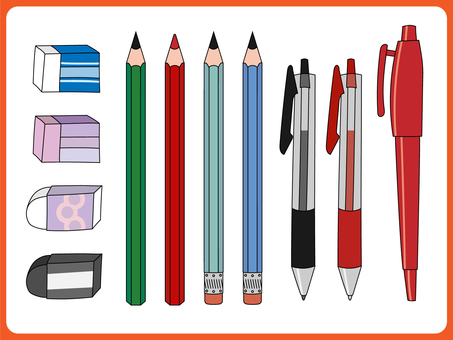 文具_書くものと消しゴムのセットカラー 鉛筆,ボールペン,消しゴム,赤ペン,サインペン,ペン,文具,文房具,stationery,学校のイラスト素材