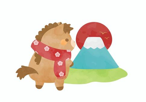 初日の出を見ているかわいいお馬さん 初日の出を見ているかわいいお馬さん 2026年,馬,動物,干支,初日の出,富士山,太陽,かわいい,お正月,眺めるのイラスト素材