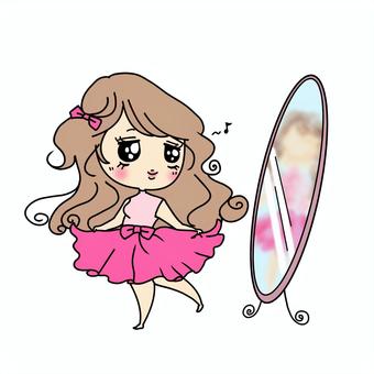 ぶりっ子　試着する女子 試着,着る,コーディネート,女性,女子,フィッティング,ootd,ファッション,スカート,鏡のイラスト素材