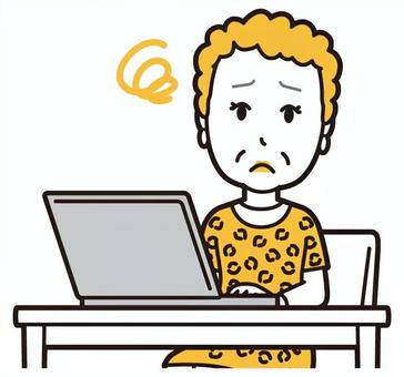  大阪のおばちゃん(黄)-130-バスト パソコン,困る,おばちゃん,大阪,ヒョウ柄,おばはん,中年,女性,関西,派手のイラスト素材