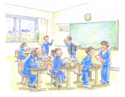 中学生、授業前のイメージ 中学,生徒,学生,男子,女子,共学,教室,おしゃべり,教科書,ノートのイラスト素材