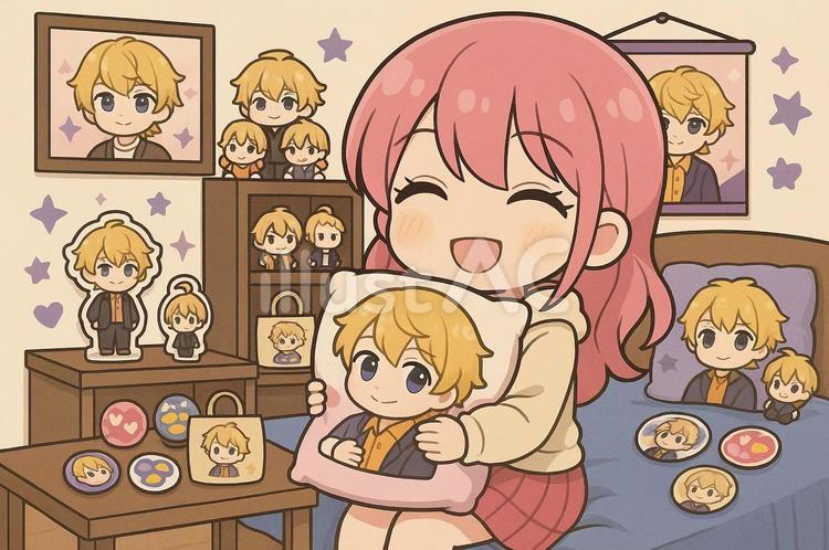 推し活女子〜推し部屋でクッション抱っこ〜 推し活,女子,オタク部屋のイラスト素材